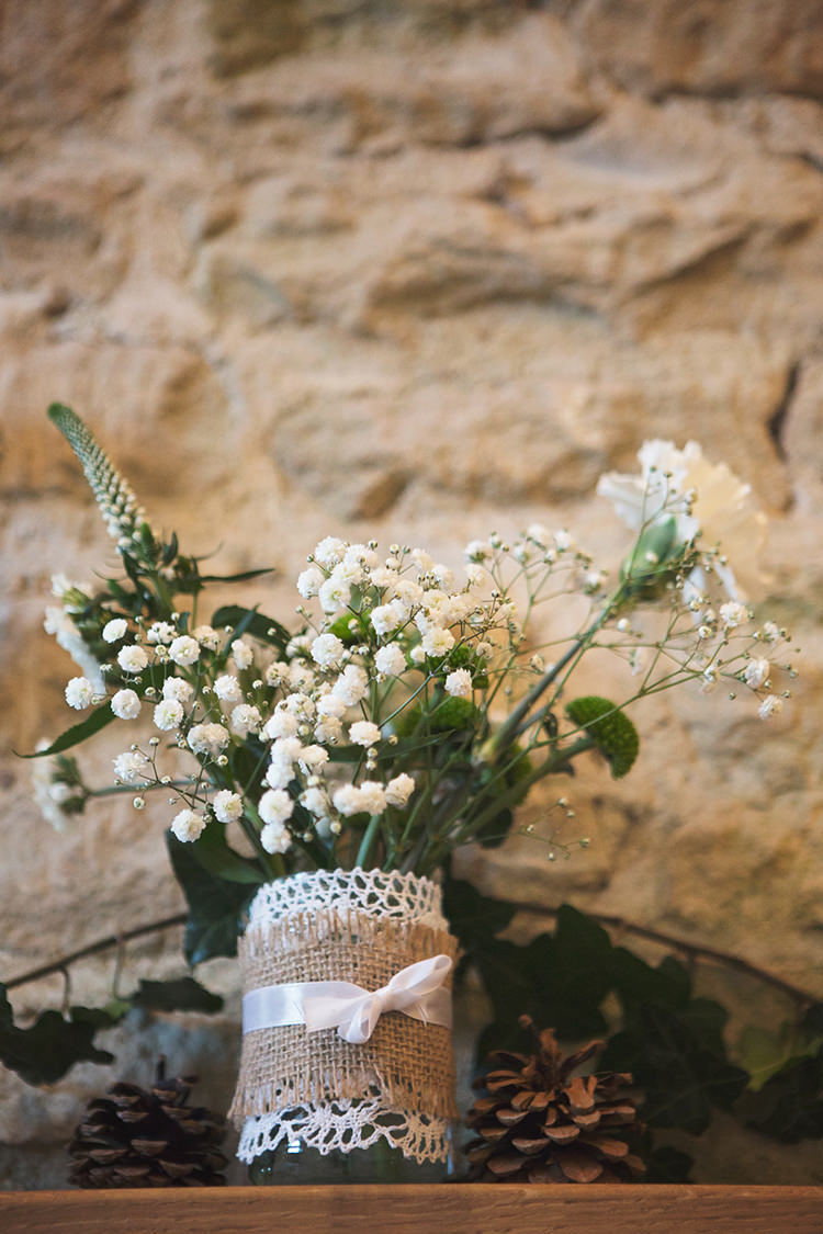 Hessian Jam Jar Flowers Gypsophila Lace Elegant Luxe Red Blue Winter Wedding http://www.bennicarolweddingphotography.com/
