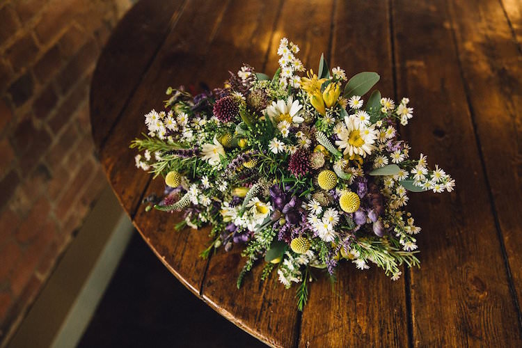 Purple Yellow Flowers Bouquet Bride Bridal Daisy Sweet Quirky Yellow Antique Wedding https://www.redonblonde.com/