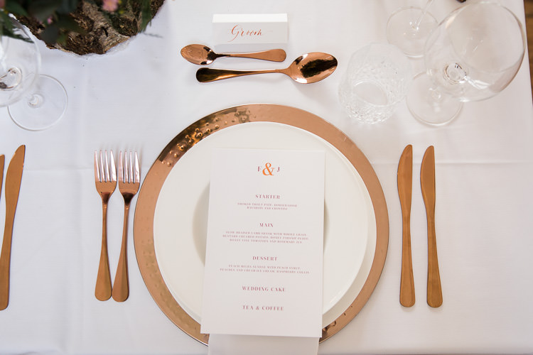 Place Setting Crockery Stationery Rose Gold Luxe Copper & Red Wedding Ideas http://www.danielle-smith-photography.com/