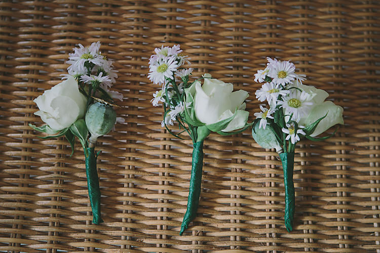 Rose Daisy Buttonholes Lovely Greenery Farm Tipi Wedding http://www.victoriasomersethowphotography.co.uk/