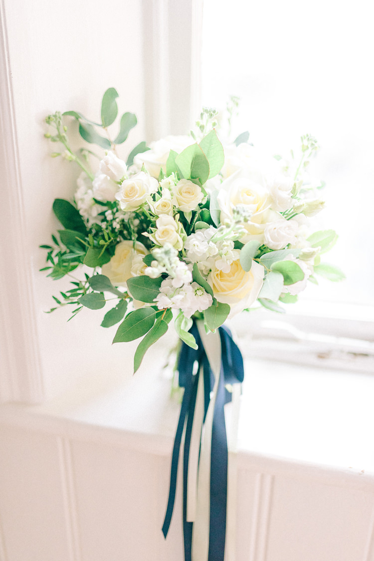 Bouquet Yellow White Rose Foliage Ribbon Flowers Bride Bridal Playful Stylish Navy Winter Wedding http://sarahjaneethan.co.uk/