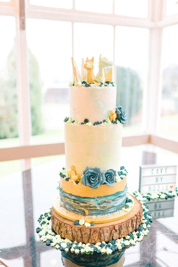 Tall Cake Icing Watercolour Texture Log Stand Flowers Yellow Playful Stylish Navy Winter Wedding http://sarahjaneethan.co.uk/