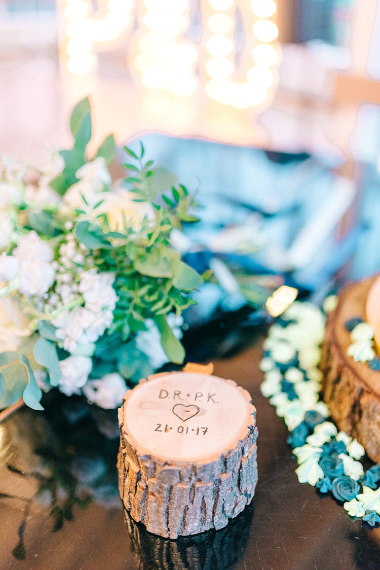 Log Decor Personalised Date Playful Stylish Navy Winter Wedding http://sarahjaneethan.co.uk/