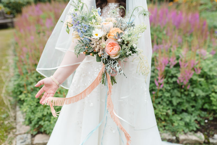Peach Blue Bouquet Flowers Bride Bridal Ribbons Whimsical Pastel Travel Wedding https://www.thegibsonsphotography.co.uk/