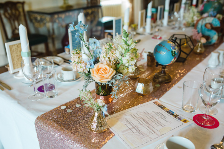 Sequin Table Runner Flowers Decor Whimsical Pastel Travel Wedding https://www.thegibsonsphotography.co.uk/
