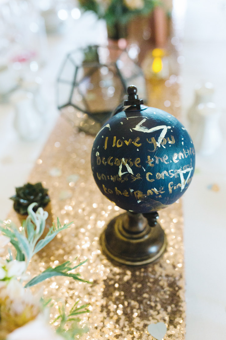 Painted Globe Sequin Table Cloth Whimsical Pastel Travel Wedding https://www.thegibsonsphotography.co.uk/