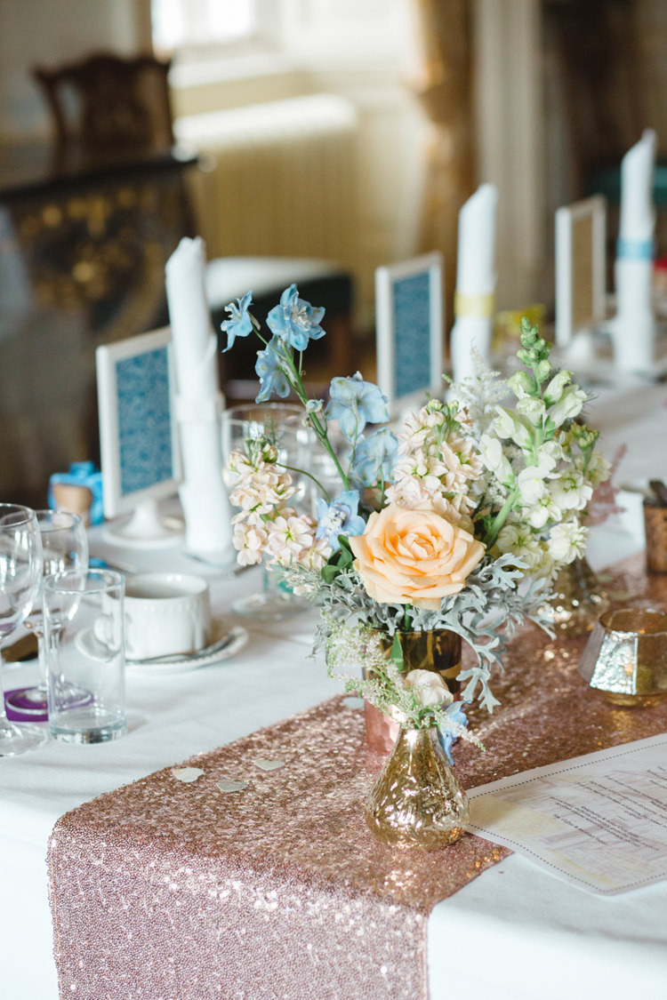 Sequin Table Runner Flowesr Vases Metallic Whimsical Pastel Travel Wedding https://www.thegibsonsphotography.co.uk/