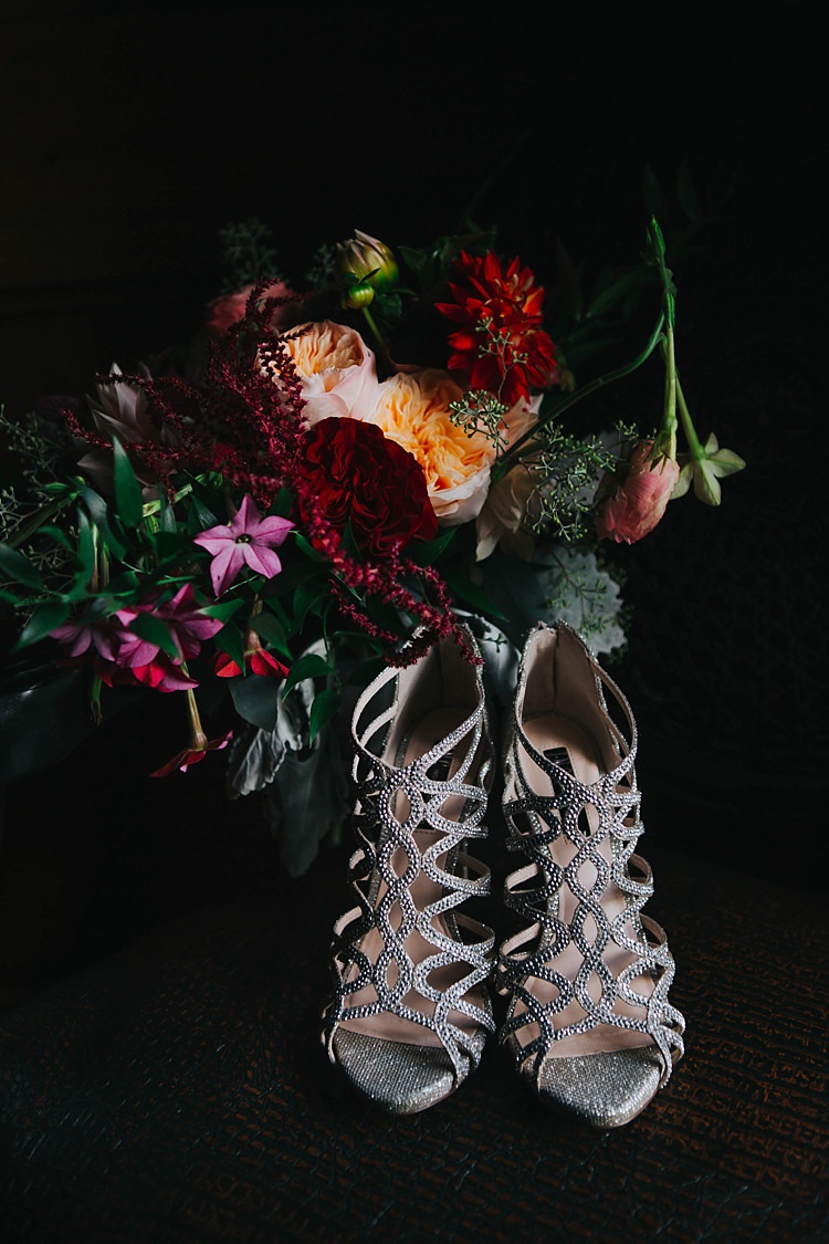 Bride Sparkly High Heels Multicoloured Bouquet Dahlia Roses Tea Rose Greenery Bohemian & Whimsical Garden Wedding in North Carolina http://www.taylorparkerphotography.com/