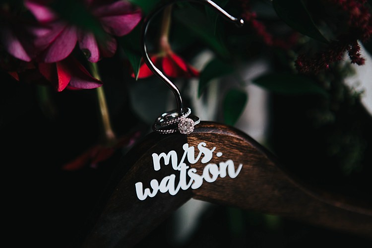 Bride Diamond Engagement Wedding Bands Personalised Wooden Hanger Multicoloured Florals Bohemian & Whimsical Garden Wedding in North Carolina http://www.taylorparkerphotography.com/