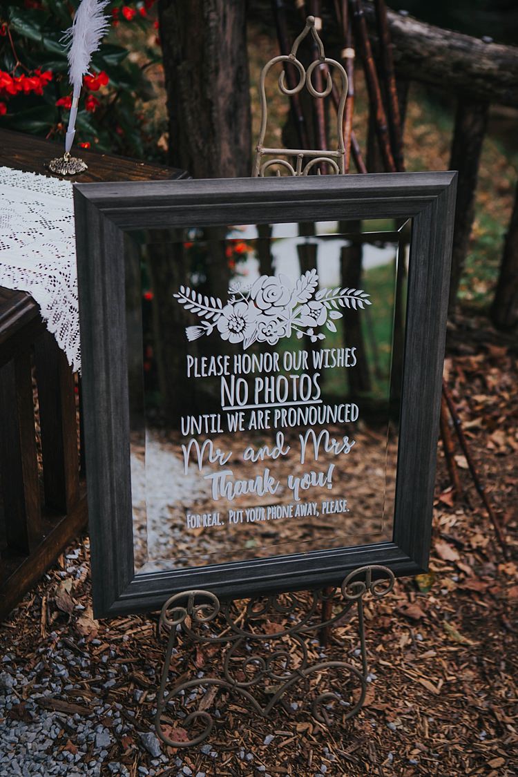 Outdoor Ceremony No Phones Please Mirror Framed Sign White Calligraphy Guestbook Table Bohemian & Whimsical Garden Wedding in North Carolina http://www.taylorparkerphotography.com/