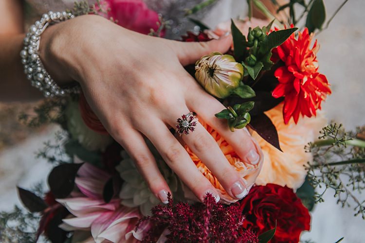 Bride Pearl Bracelet Ruby Flower Ring Multicoloured Bouquet Tea Rose Dahlia Florals Greenery Bohemian & Whimsical Garden Wedding in North Carolina http://www.taylorparkerphotography.com/