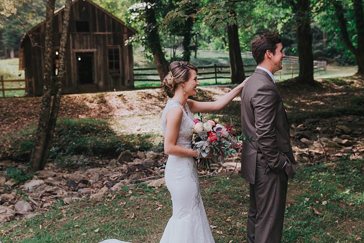 Outdoor First Look Bride V Neck Lace Embellished Bridal Gown Multicoloured Bouquet Groom Grey Suit Bohemian & Whimsical Garden Wedding in North Carolina http://www.taylorparkerphotography.com/
