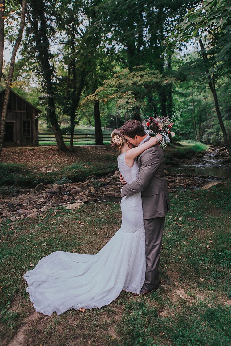 Outdoor First Look Bride V Neck Lace Embellished Bridal Gown Multicoloured Bouquet Groom Grey Suit White Shirt Bohemian & Whimsical Garden Wedding in North Carolina http://www.taylorparkerphotography.com/