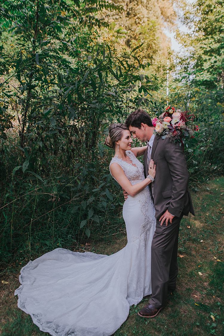 Outdoor First Look Bride V Neck Lace Embellished Bridal Gown Multicoloured Bouquet Groom Grey Suit White Shirt Light Grey Tie Vest Bohemian & Whimsical Garden Wedding in North Carolina http://www.taylorparkerphotography.com/