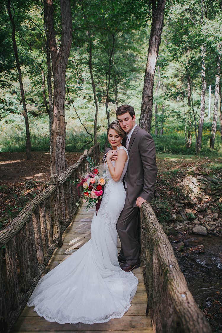 Outdoor First Look Bride V Neck Lace Embellished Bridal Gown Multicoloured Bouquet Groom Grey Suit White Shirt Light Grey Tie Vest Bohemian & Whimsical Garden Wedding in North Carolina http://www.taylorparkerphotography.com/