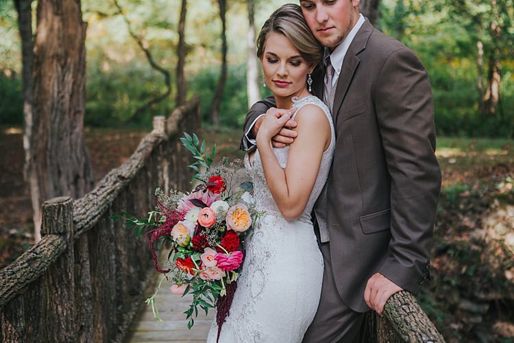 Outdoor First Look Bride V Neck Lace Embellished Bridal Gown Multicoloured Bouquet Groom Grey Suit White Shirt Light Grey Tie Vest Bohemian & Whimsical Garden Wedding in North Carolina http://www.taylorparkerphotography.com/