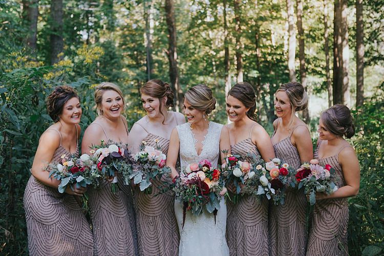 Bride V Neck Lace Embellished Bridal Gown Bridesmaids Champagne Sequin Dresses Multicoloured Bouquets Dahlia Garden Rose Florals Greenery Bohemian & Whimsical Garden Wedding in North Carolina http://www.taylorparkerphotography.com/