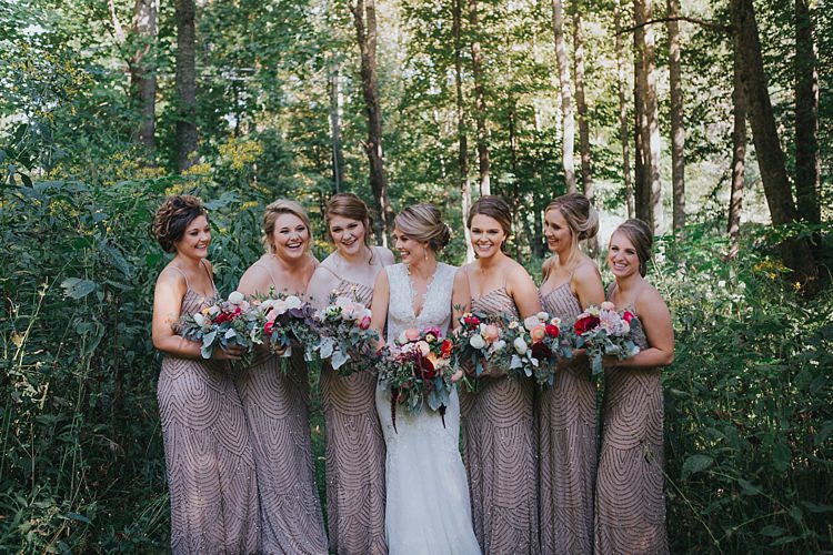 Bride V Neck Lace Embellished Bridal Gown Bridesmaids Champagne Sequin Dresses Multicoloured Bouquets Roses Dahlia Greenery Bohemian & Whimsical Garden Wedding in North Carolina http://www.taylorparkerphotography.com/