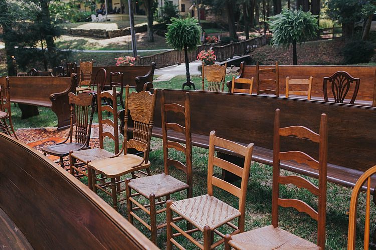 Outdoor Ceremony Mismatched Wooden Chairs Pews Bohemian & Whimsical Garden Wedding in North Carolina http://www.taylorparkerphotography.com/
