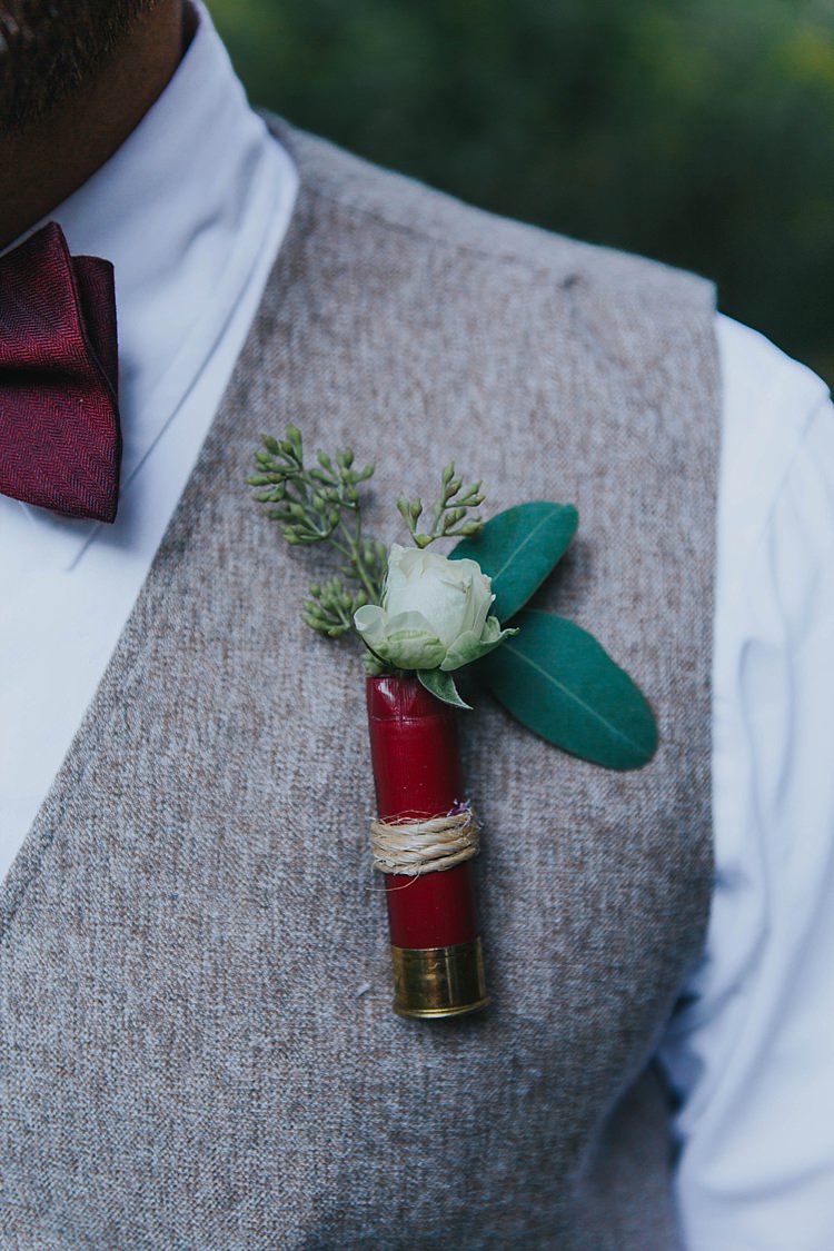 Groomsman White Shirt Maroon Bowtie Grey Vest Floral Shotgun Shell Buttonhole Twine Bohemian & Whimsical Garden Wedding in North Carolina http://www.taylorparkerphotography.com/