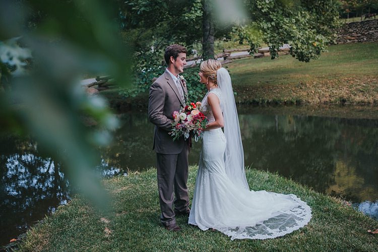 Bride V Neck Lace Embellished Bridal Gown Long Veil Multicoloured Bouquet Groom Grey Suit White Shirt Light Grey Tie Vest Bohemian & Whimsical Garden Wedding in North Carolina http://www.taylorparkerphotography.com/