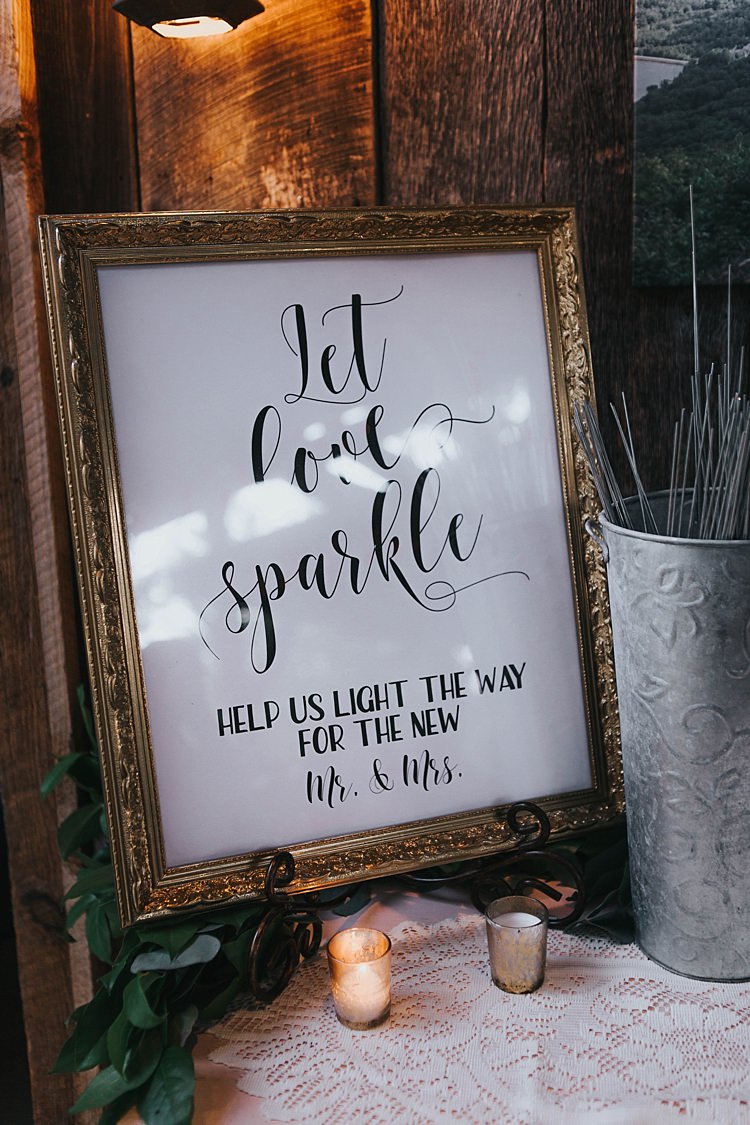 Reception Sparkler Bar Gold Framed Sign Metallic Vase Tealight Candles Bohemian & Whimsical Garden Wedding in North Carolina http://www.taylorparkerphotography.com/