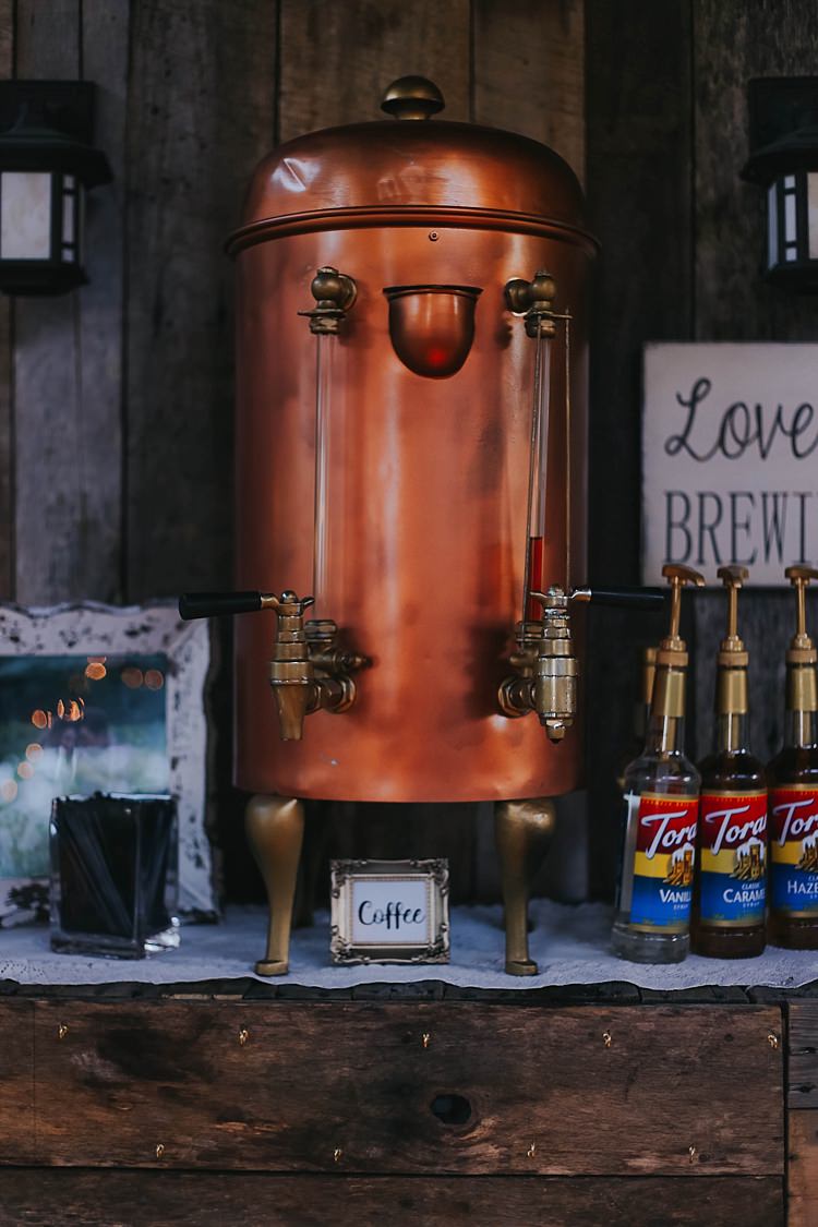 Reception Tea Coffee Bar Copper Urn Flavouring Bottles Personalised Sign Bohemian & Whimsical Garden Wedding in North Carolina http://www.taylorparkerphotography.com/