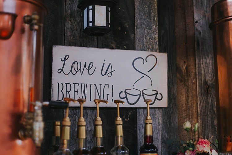 Reception Tea Coffee Bar Light Wooden Sign Flavouring Bottles Bohemian & Whimsical Garden Wedding in North Carolina http://www.taylorparkerphotography.com/