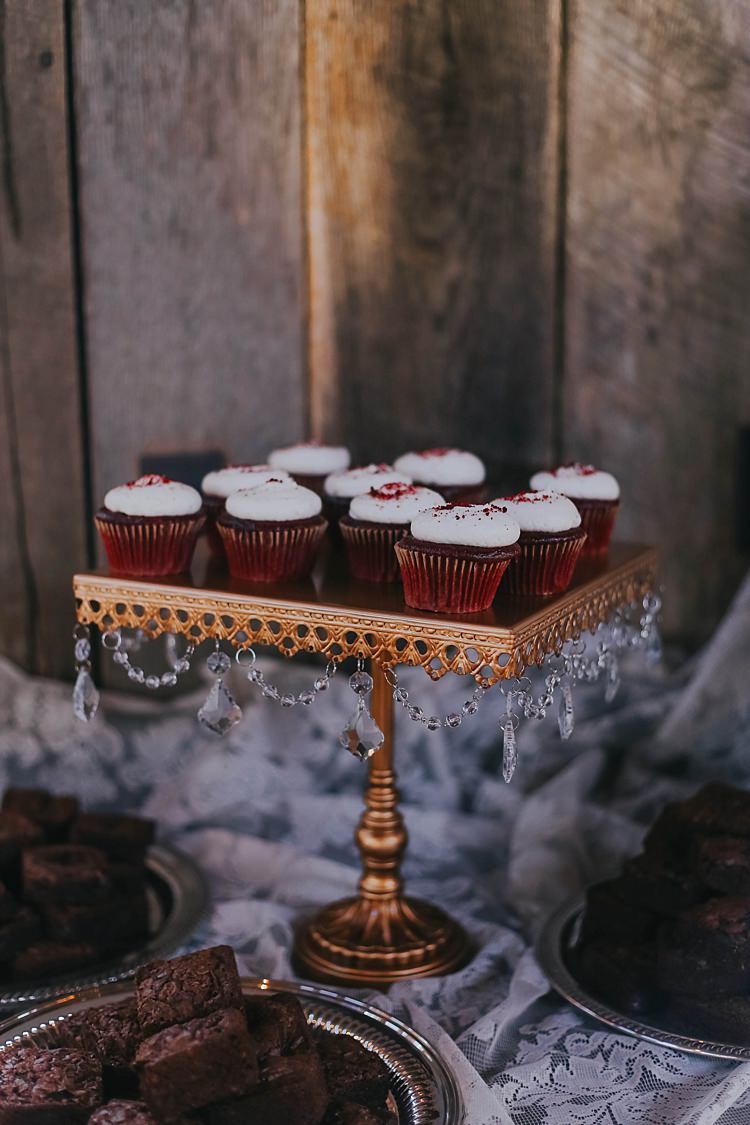 Reception Dessert Table Red Velvet Cupcakes Gold Crystal Stand Brownies Lace Tablecloth Bohemian & Whimsical Garden Wedding in North Carolina http://www.taylorparkerphotography.com/