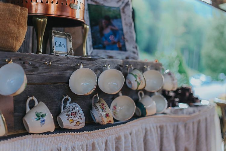 Reception Tea Coffee Bar Vintage Floral Teacups Copper Urn Framed Photograph Bohemian & Whimsical Garden Wedding in North Carolina http://www.taylorparkerphotography.com/