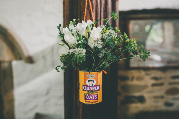 Tin Can Flowers Pew End Aisle Ceremony Bright Retro Vintage Sea Wedding http://www.larissajoice.co.uk/
