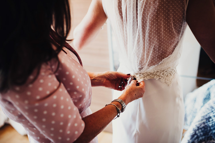 Polka Dot Lace Back Dress Gown Bride Bridal Quirky Stylish Country House Wedding http://www.stevebridgwoodphotography.co.uk/