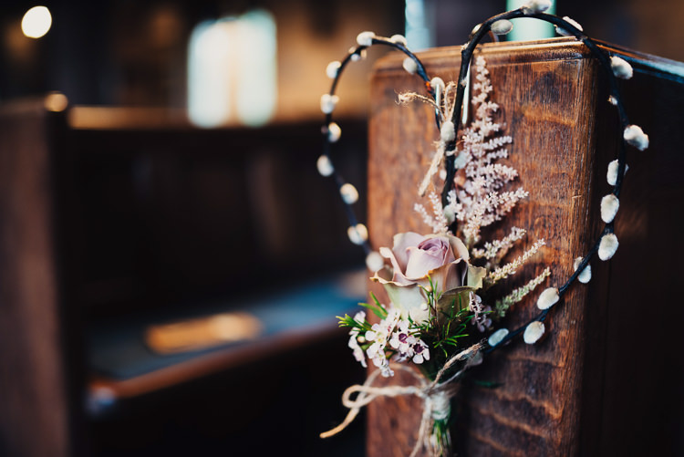 Branch Heart Flowers Pew Ends Pink Quirky Stylish Country House Wedding http://www.stevebridgwoodphotography.co.uk/