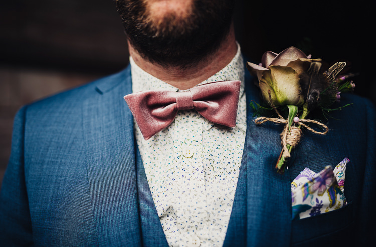 Pink Bow Tie Groom Rose Buttonhole Quirky Stylish Country House Wedding http://www.stevebridgwoodphotography.co.uk/