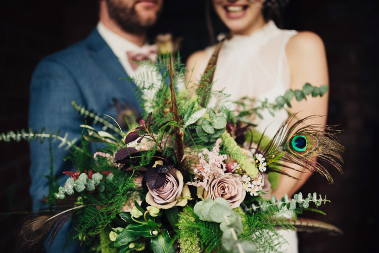 Bouquet Flowers Bride Bridal Feathers Roses Foliage Greenery Quirky Stylish Country House Wedding http://www.stevebridgwoodphotography.co.uk/