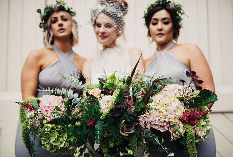 Bride Bridesmaid Bouquets Flowers Feathers Hydrangeas Foliage Quirky Stylish Country House Wedding http://www.stevebridgwoodphotography.co.uk/