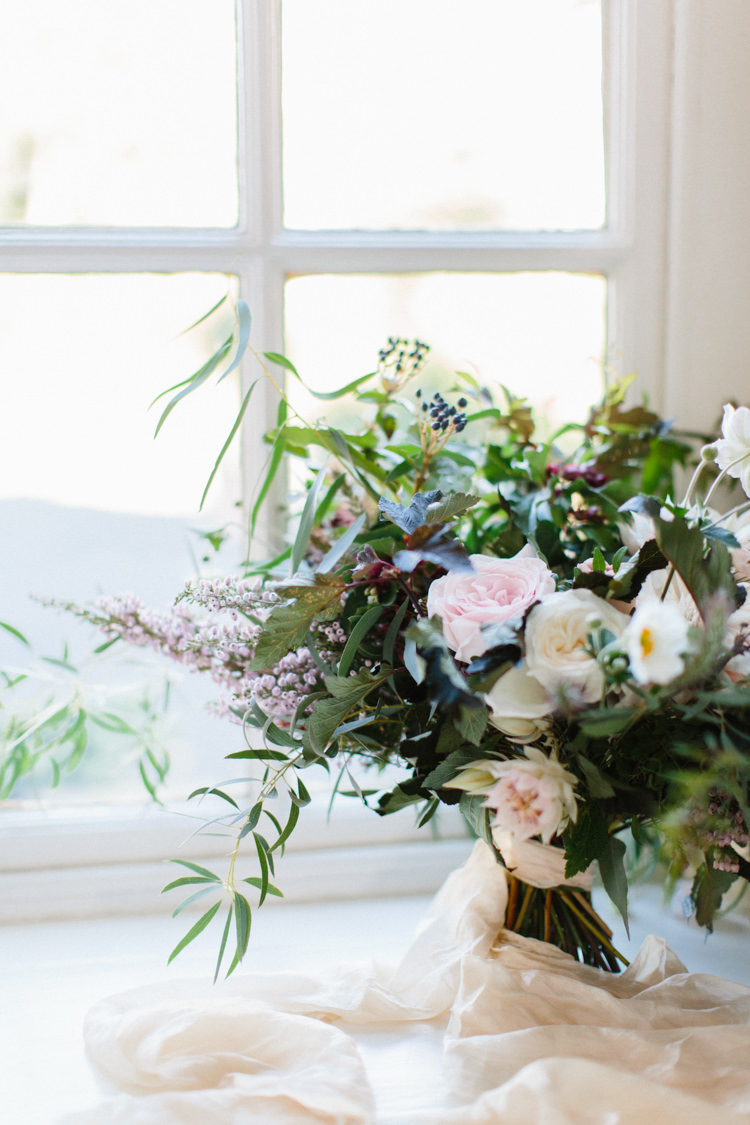Foliage Flowers Bouquet Dahlia Ribbon Silk Bride Bridal Blush Wild Romance Greenery Wedding Ideas http://www.melissabeattie.com/