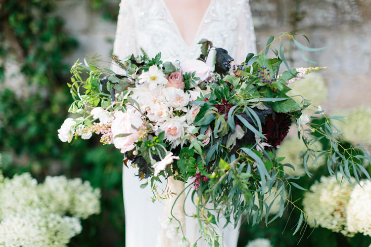 Foliage Flowers Bouquet Dahlia Ribbon Silk Bride Bridal Wild Romance Greenery Wedding Ideas http://www.melissabeattie.com/