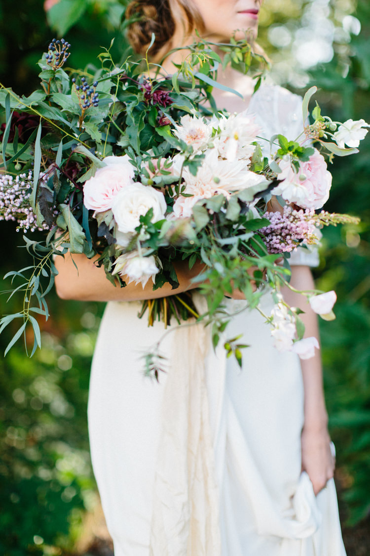 Foliage Flowers Bouquet Dahlia Ribbon Silk Bride Bridal Wild Romance Greenery Wedding Ideas http://www.melissabeattie.com/