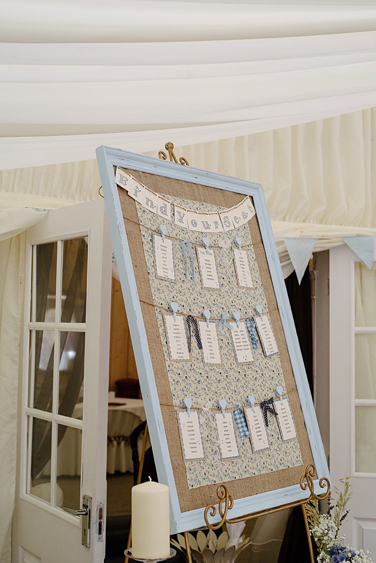 DIY Table Plan Board Rag and Bow Bunting Pretty Pale Blue Summer Wedding http://www.georginabrewster.com/