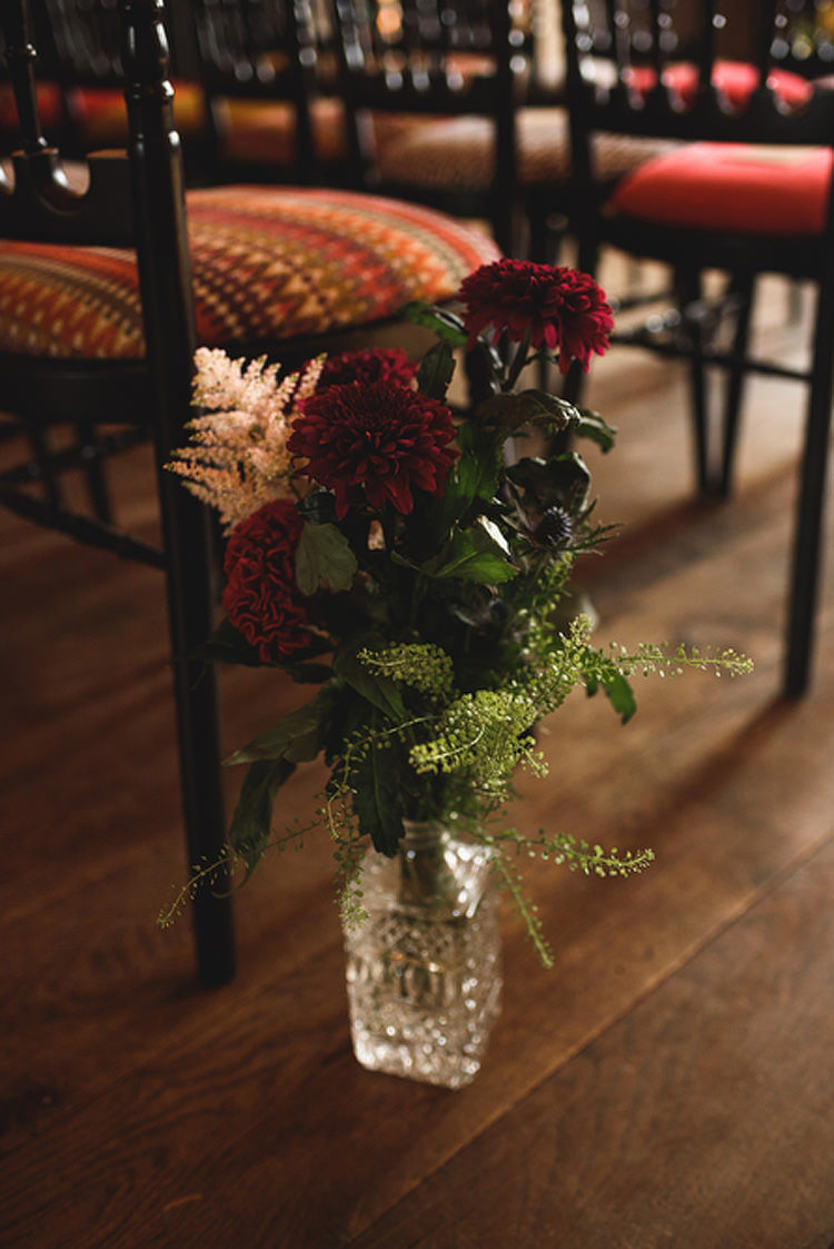 Red Dahlia Flowers Aisle Vase Floor Decor Ceremony Quirky Vintage Glamour Wedding https://www.jacksonandcophotography.com/