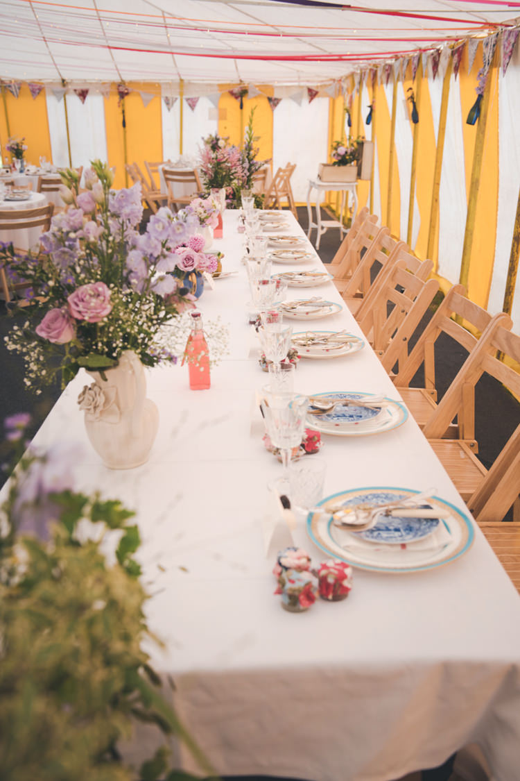 Crockery Vintage Flowers Tables Colourful Country Farm Marquee Wedding http://www.hannahmilesphotography.com/