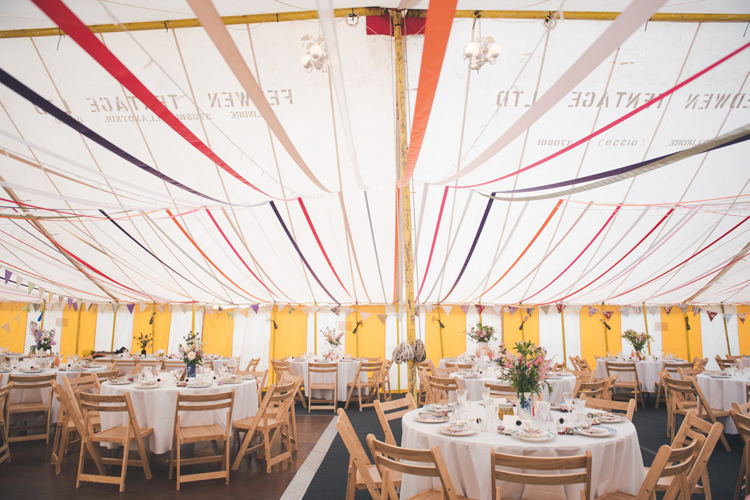 Ribbon Decor Bunting Colourful Country Farm Marquee Wedding http://www.hannahmilesphotography.com/