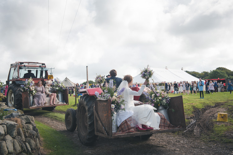 Tractor Transport Colourful Country Farm Marquee Wedding http://www.hannahmilesphotography.com/