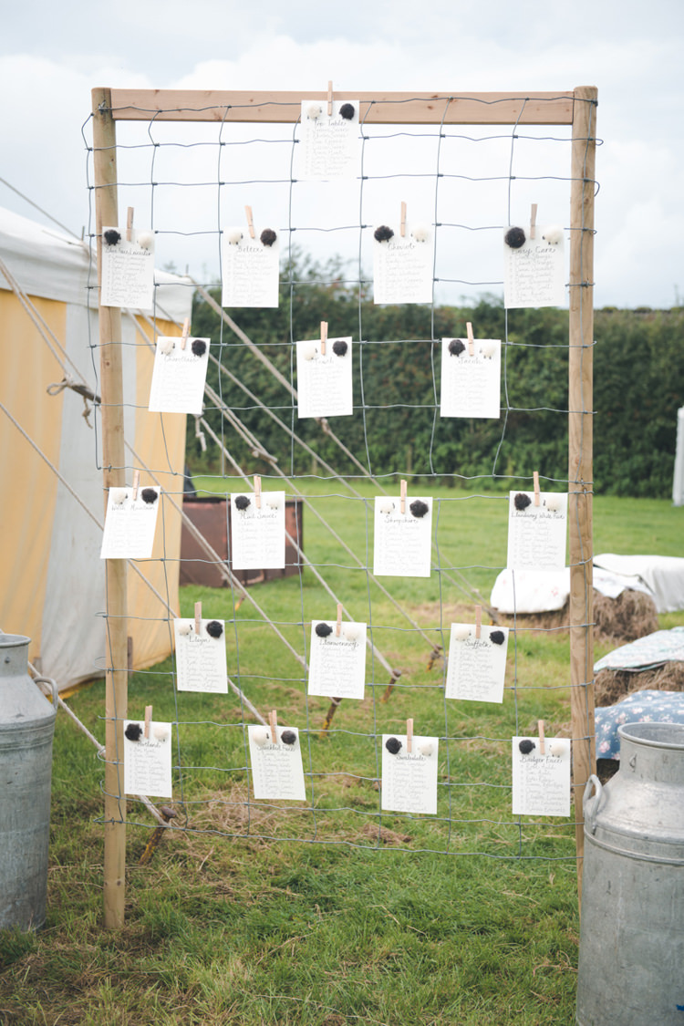 Seating Plan Table Chart Wooden Frame Wire Colourful Country Farm Marquee Wedding http://www.hannahmilesphotography.com/