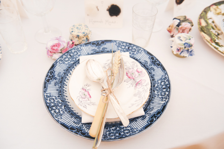 Vintage Crockery Place Setting Decor Colourful Country Farm Marquee Wedding http://www.hannahmilesphotography.com/