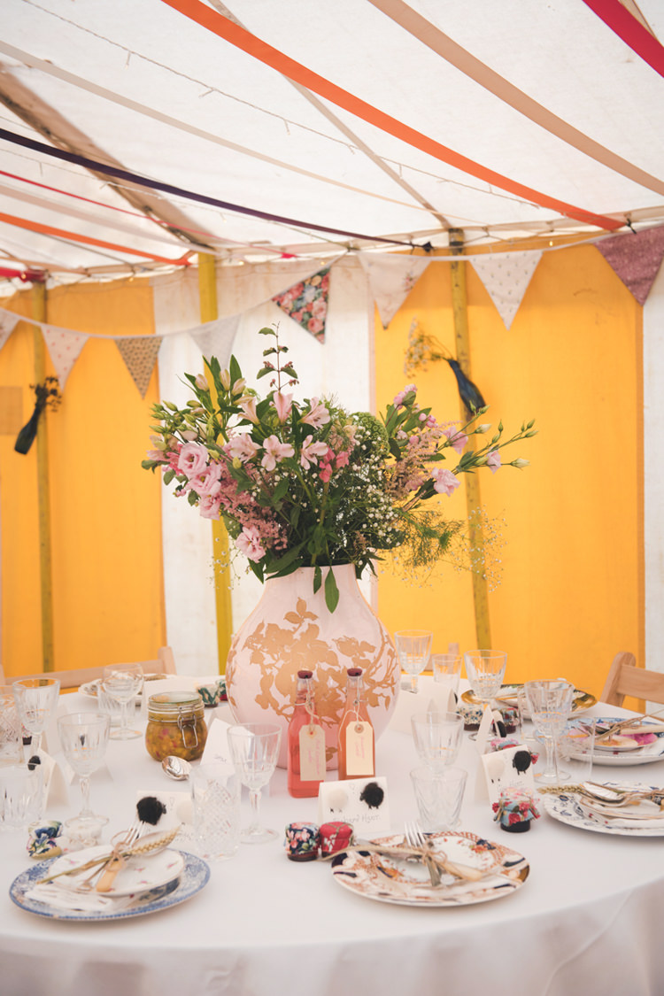 Vase Flowers Centrepiece Decor Colourful Country Farm Marquee Wedding http://www.hannahmilesphotography.com/