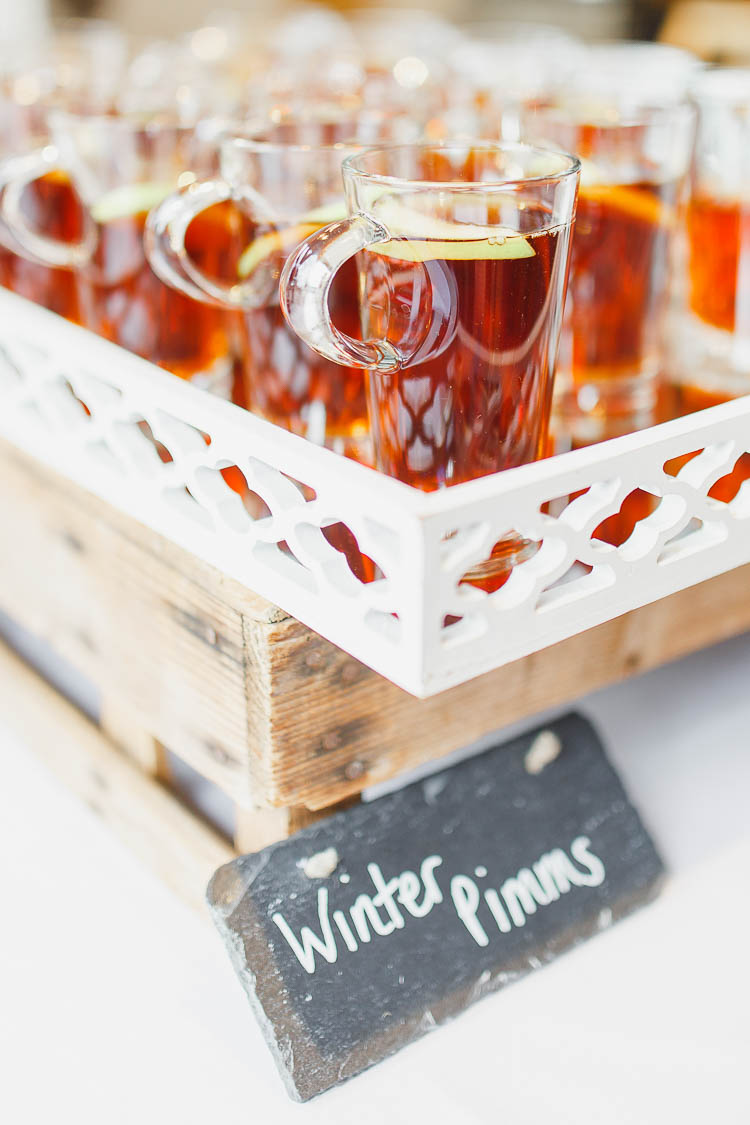 Winter Pimms Drinks Beautiful Rustic Fairy Lights Barn Wedding http://whitestagweddings.com/
