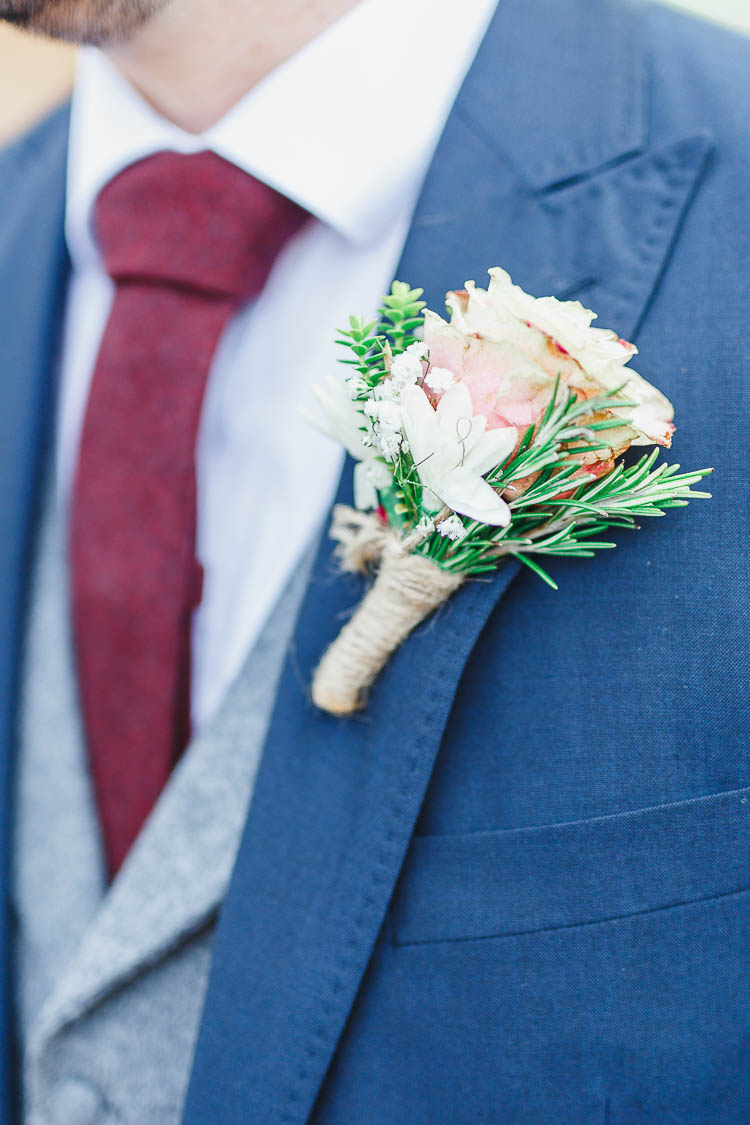 Buttonhole Groom Rosemary Rose Twine Beautiful Rustic Fairy Lights Barn Wedding http://whitestagweddings.com/