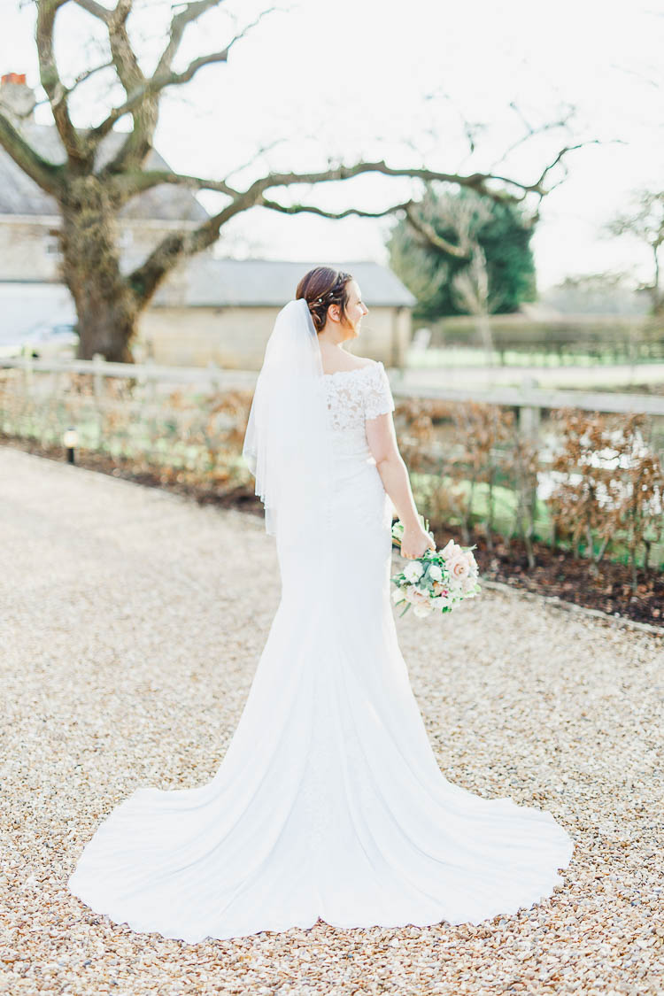 Off The Shoulder Dress Gown Bride Bridal Lace Veil Beautiful Rustic Fairy Lights Barn Wedding http://whitestagweddings.com/